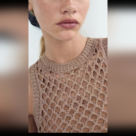 ZARA Metallic Thread Openwork Knit Dress/coverup In Neutral/gold. Size Small - Picture 5 of 16
